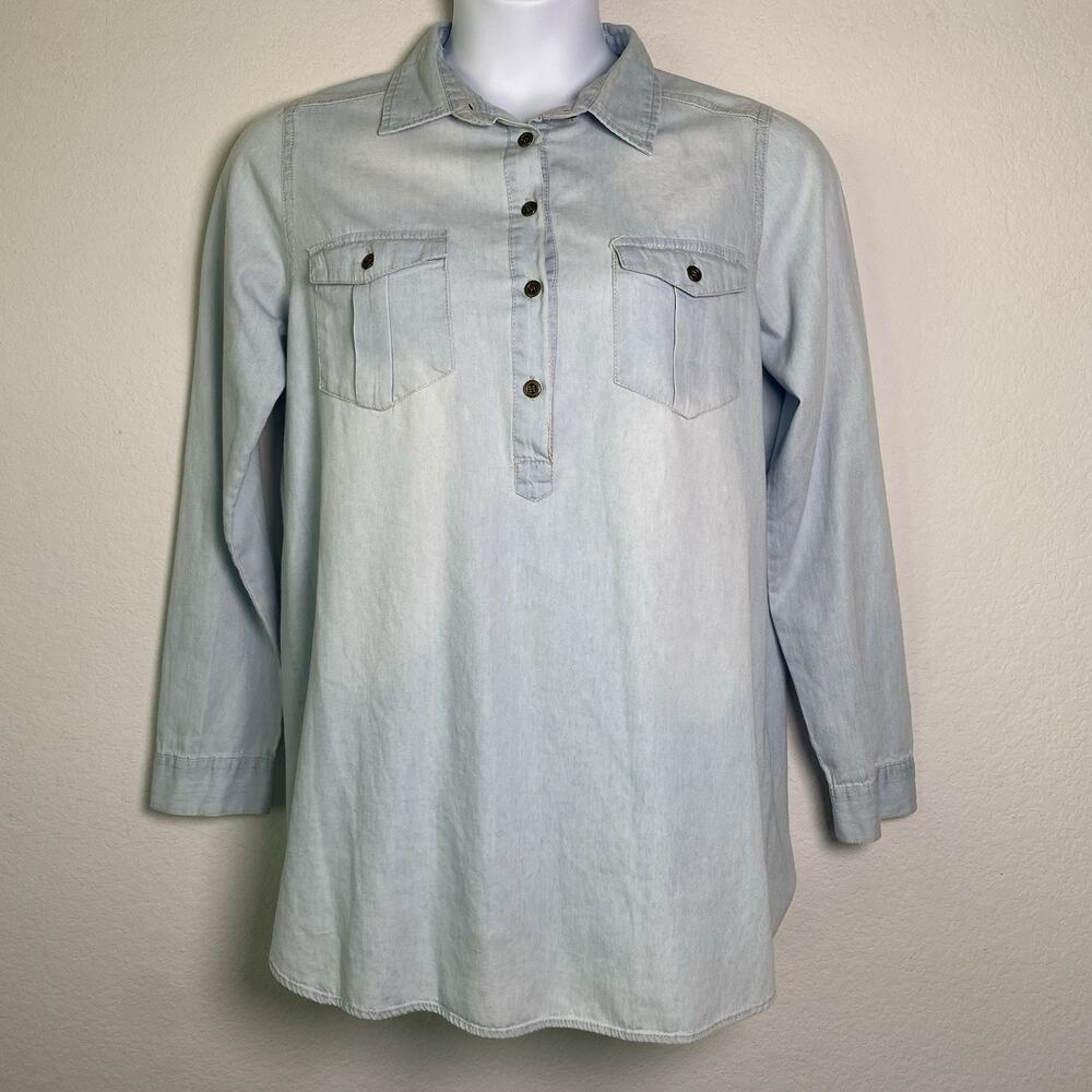 Elite Denim Collection‎ Pop Over Light Wash Chambray Large Beachy Coastal Casual